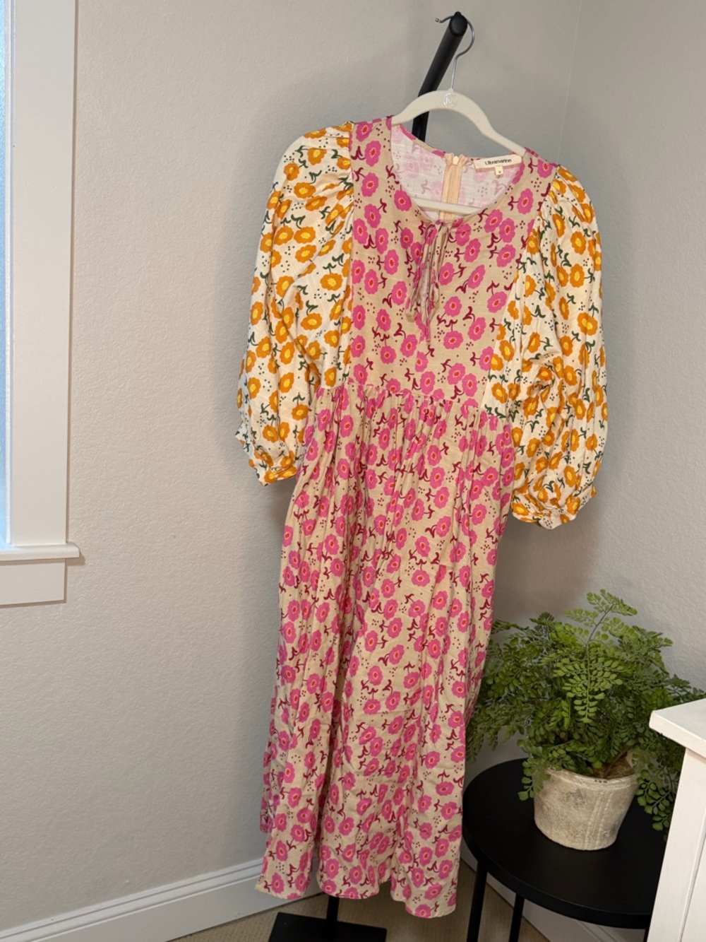 Pink & Yellow Floral Midi Dress with Puff Sleeves